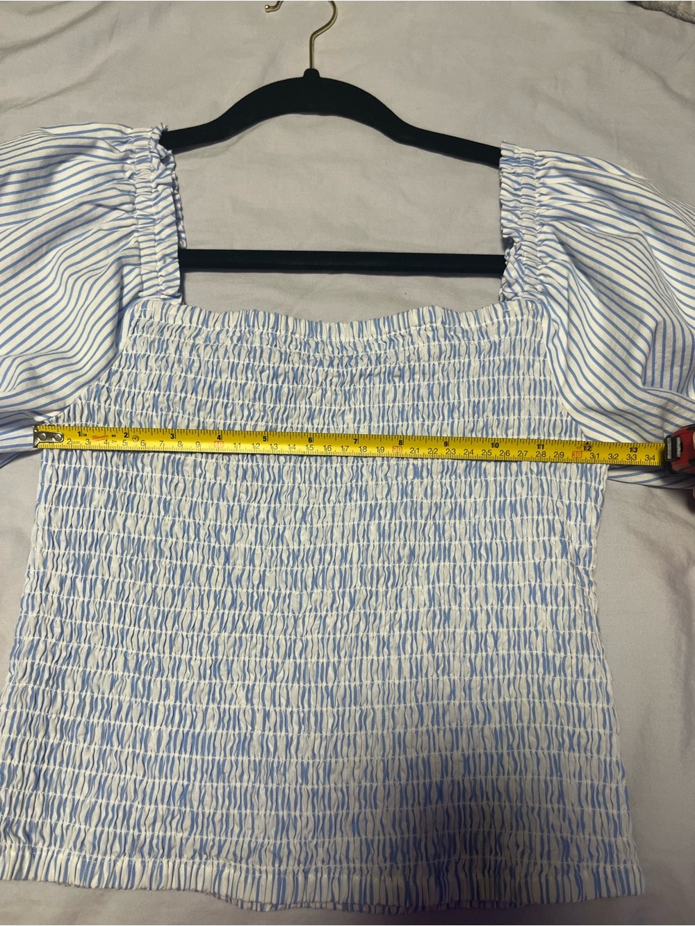 Steve Madden Blue & White Striped Smocked Puff Sleeve Top - Picture 3 of 5